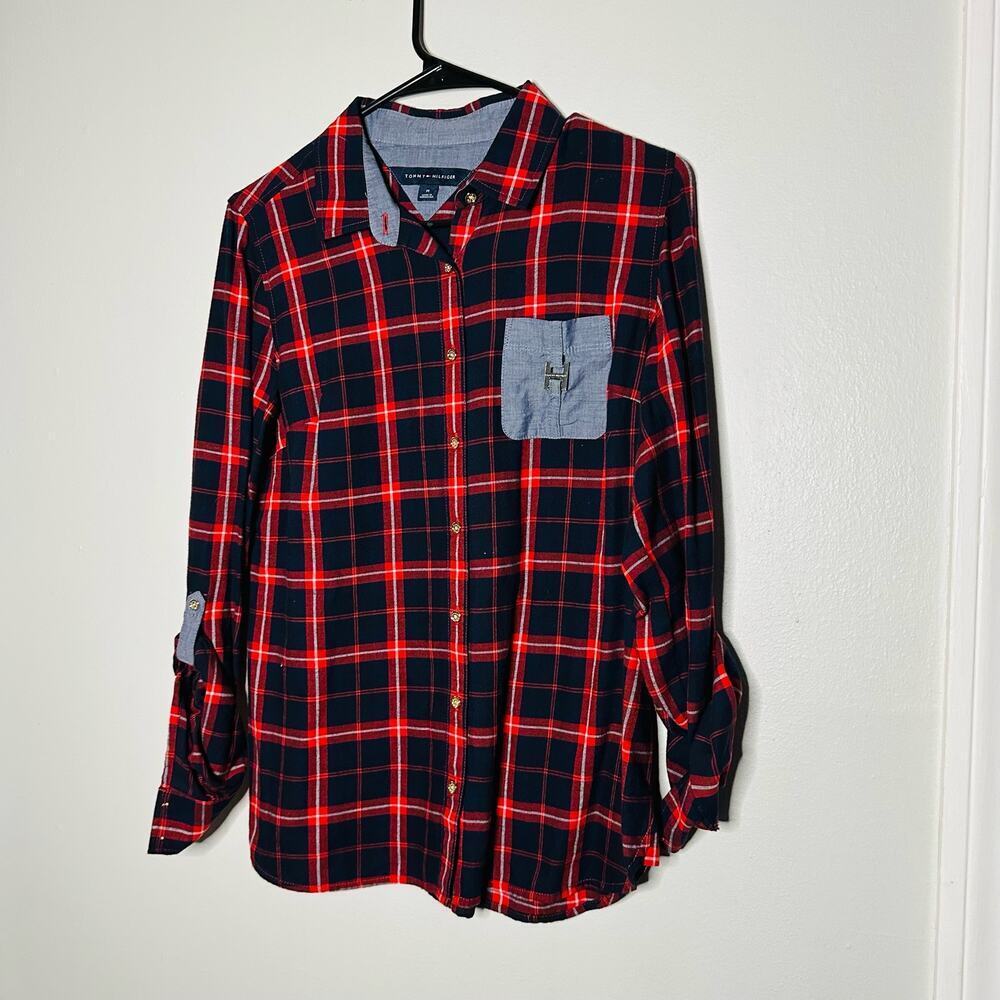 Tommy Hilfiger Red Blue Plaid Striped Metal Button Up Shirt Size Medium